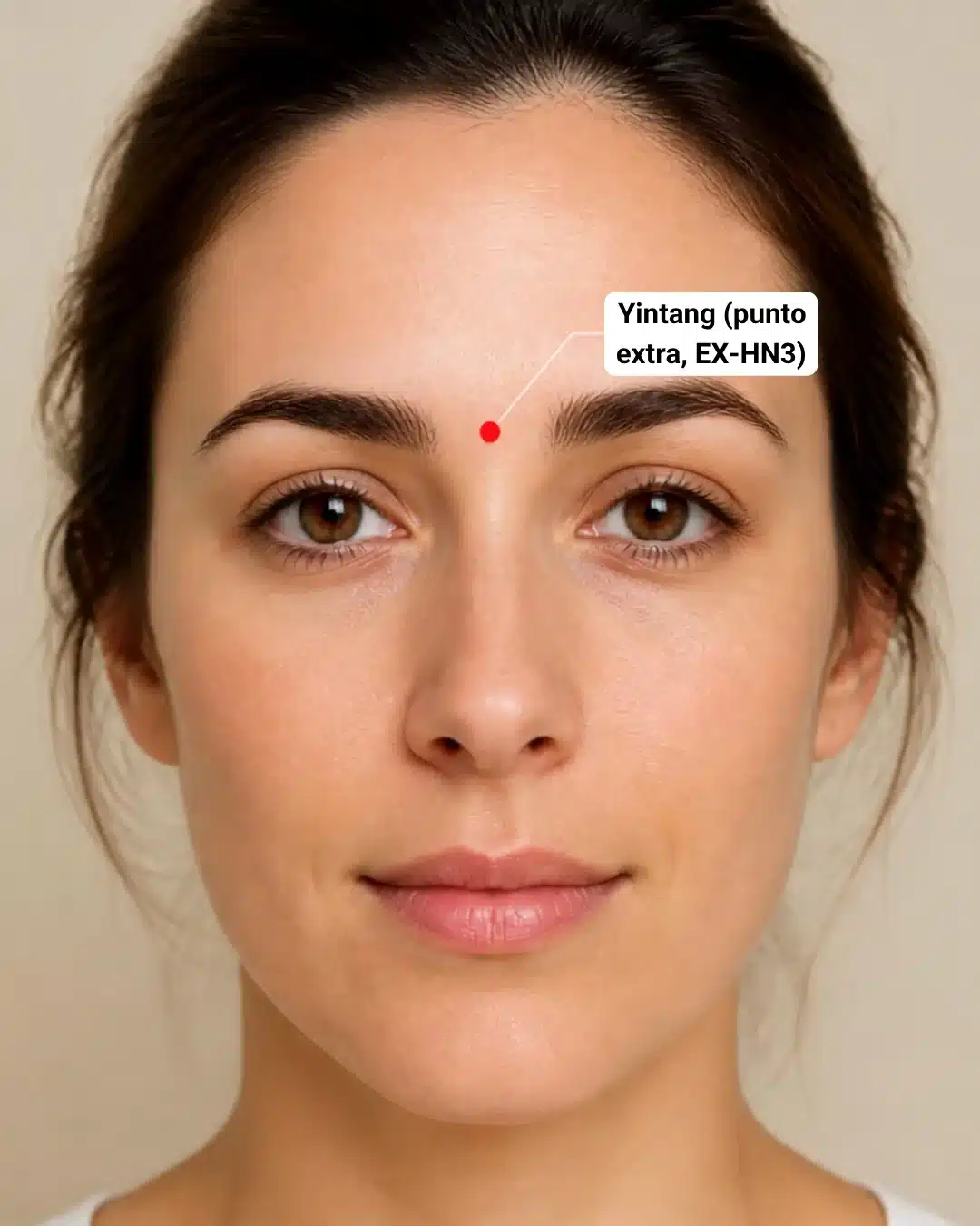 Ubicación del punto de digitopuntura Yintang, entre las cejas